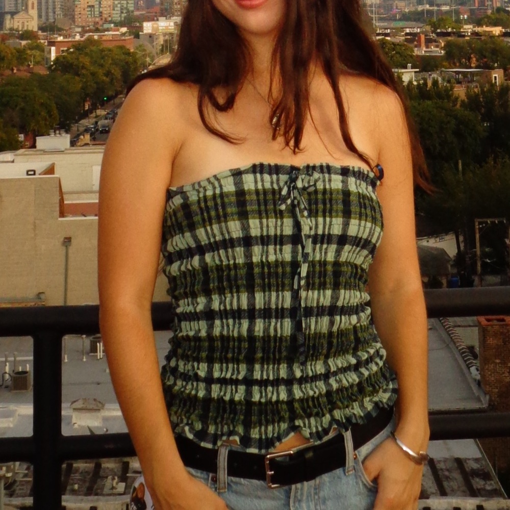 Motel Smocked Plaid Tube top with bow